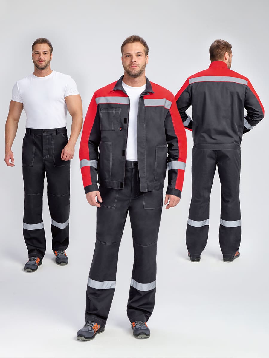 Костюм Бриготек-1 СОП (тк.Смесовая,260) брюки, т.серый/красный (Заключение МинПромТорга)